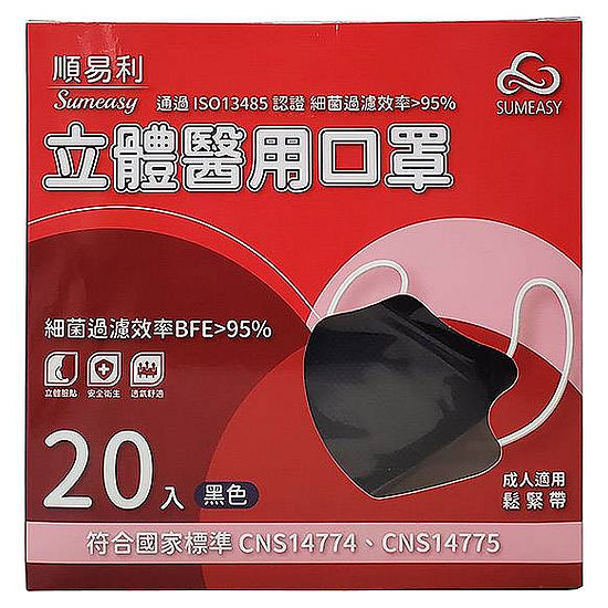 順易利立體醫用口罩(未滅菌)-黑色 20入