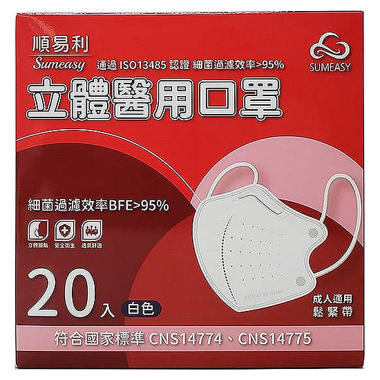 順易利立體醫用口罩(未滅菌)-白色 20入