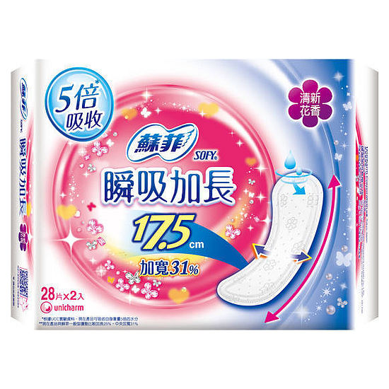 蘇菲瞬吸加長超薄護墊-清新花香17.5cm 28片x2入