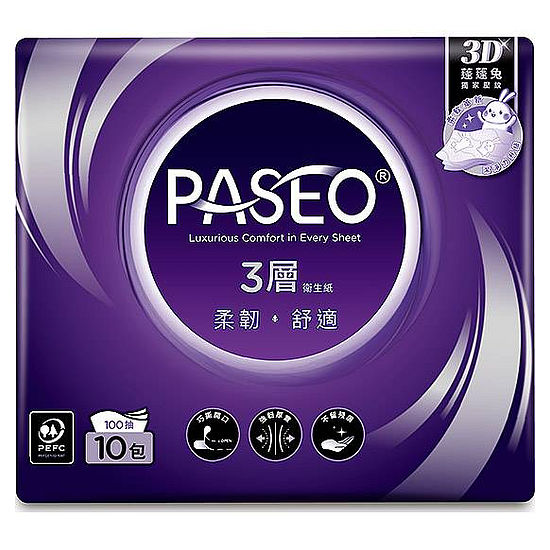 PASEO三層柔韌舒適抽取式衛生紙 100抽*10包