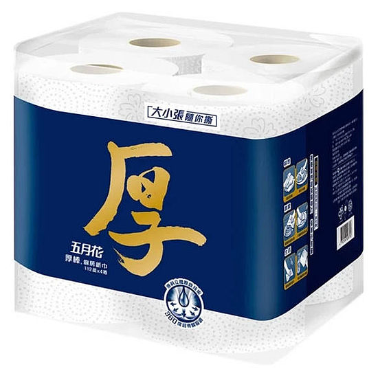 五月花厚棒三層廚房紙巾-大小張隨你撕 112組*4捲